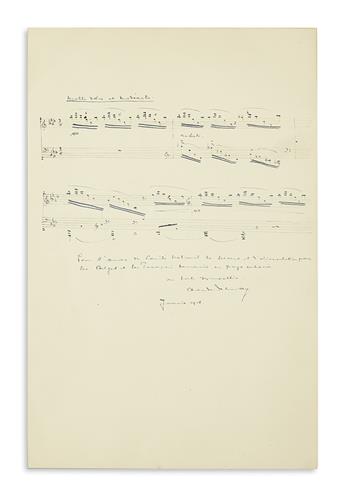 DEBUSSY, CLAUDE. Autograph Musical Quotation Signed and Inscribed, to the National Relief and Food Committee [Commission for Relief in